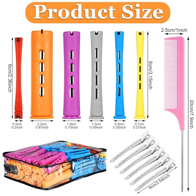 68 Pcs Hair Perm Rods Set - 6 Sizes Plastic Cold Wave Rods with Rat Tail Combs Hair Styling Clips, Perming Rods for Long Short Natural Hair Hairdressing Tools
