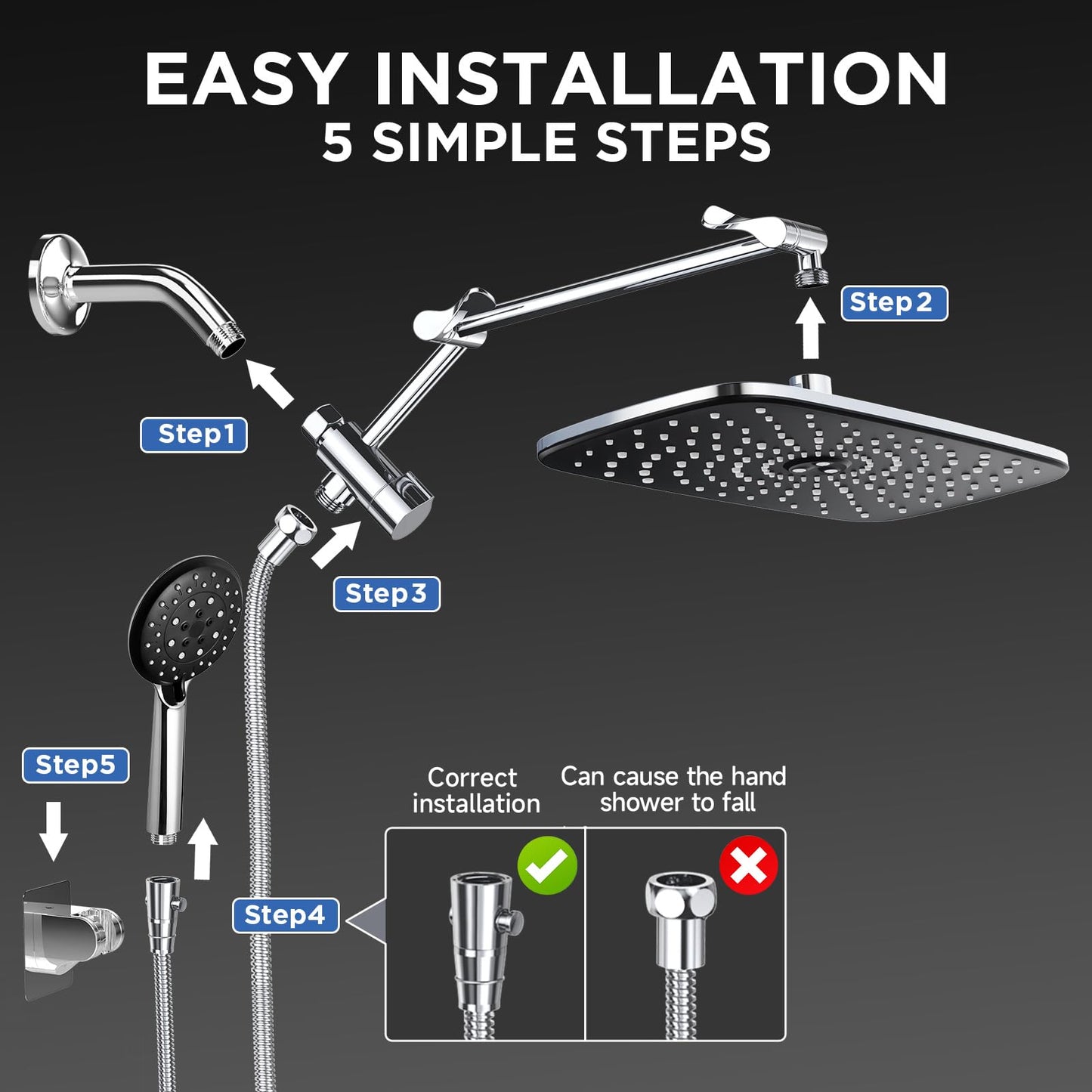 Veken Wide High Pressure Rain Shower Head with Handheld, Handheld Shower Heads with Multi Spray Modes, Rainfall Combo with 15" Metal Extension Arm,Detachable Dual Shower, Bathroom Decor,Chrome Silver
