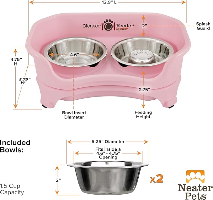 Neater Feeder Express Mess Proof Dog Bowls Elevated for Small Breed – Made in USA – No Spill Raised Slow Feeder Elevated Dog Bowl Stand, Stainless Steel Food and Water Bowl Set, Pink