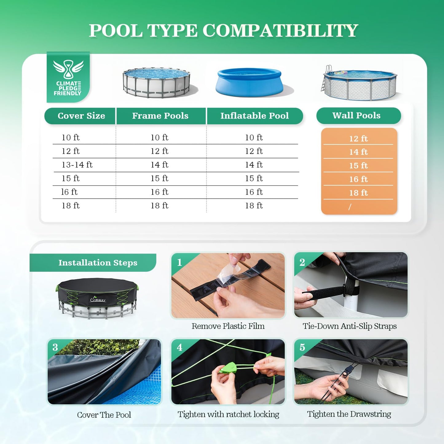 Uirway 600D Upgraded 18ft Pool Cover Round for Above Ground Pool, Tear Resistant Heavy Duty Fabric with Windproof Ratchet Locking & Reflective Drawstring, Weatherproof UV Protection, Anti-Slip Straps