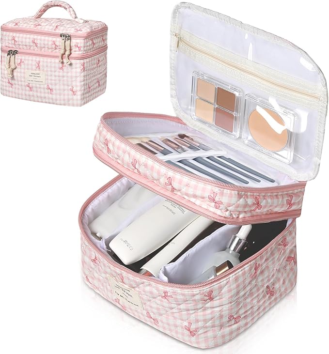 Makeup Bag, Portable Travel Make up Bag, Large Capacity Quilted Cosmetic Organizer Bag, Cute Floral Toiletry Bag for Women Girls (Pink Bow)