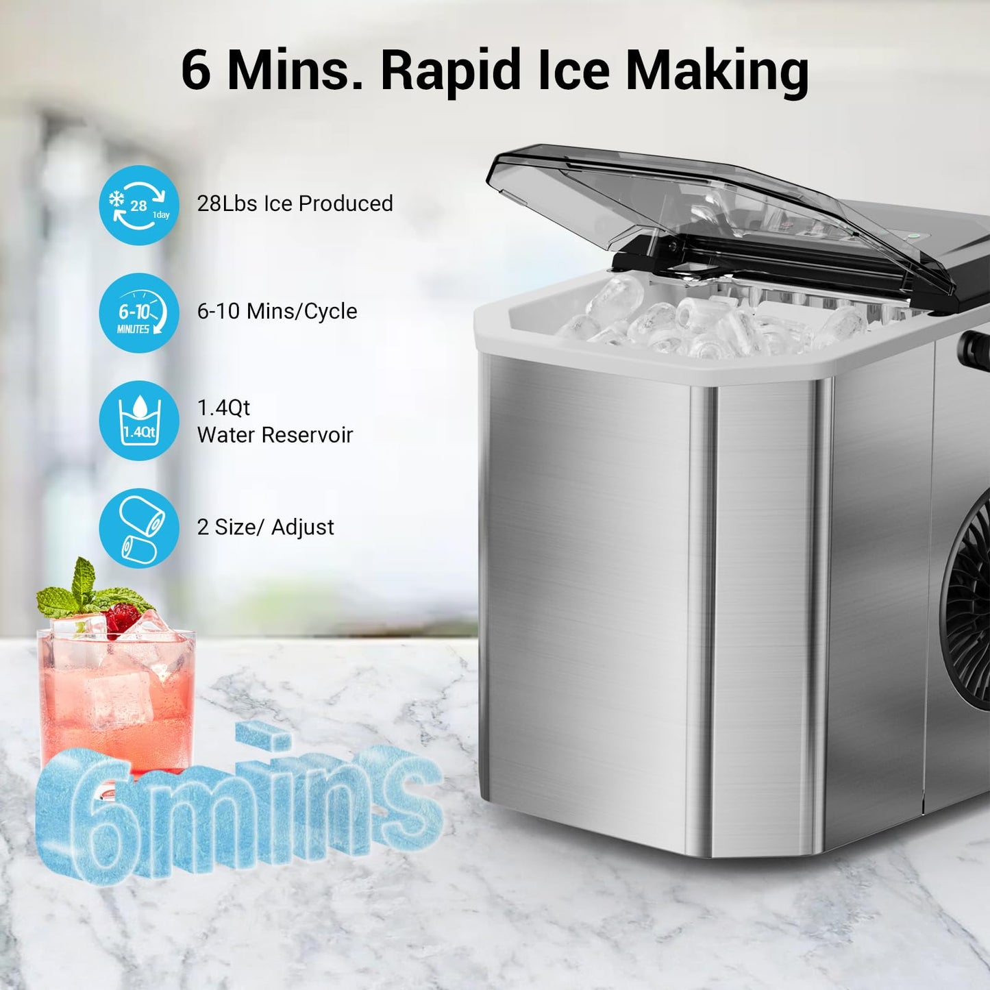 Portable Ice Maker Countertop with WiFi, 9 Cubes Ready in 6 Mins, 28lbs/Day, 2 Sizes of Bullet, Self-Cleaning Ice Machine with Ice Scoop and Basket Home Kitchen Office Bar Party