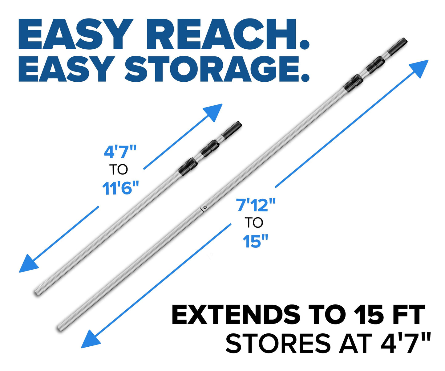 Swimming Pool Pole - 15 Feet Aluminum Telescopic Pool Pole for Cleaning // Telescoping Pool Extension Pole // Adjustable Pool Cleaning Stick for Brush, Skimmer, Vacuum - Inground & Above Ground Pools
