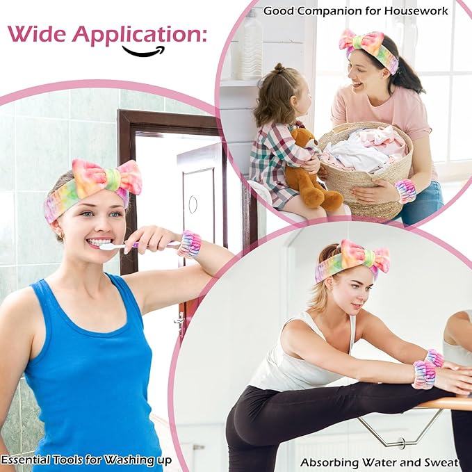 3PCS Spa Headband and Wristbands Set for Women, Soft Microfiber Face Wash Headband with Cute Bow, Elastic Absorbent Wrist Towels, Makeup Skincare Accessories for Facial, Shower, Yoga