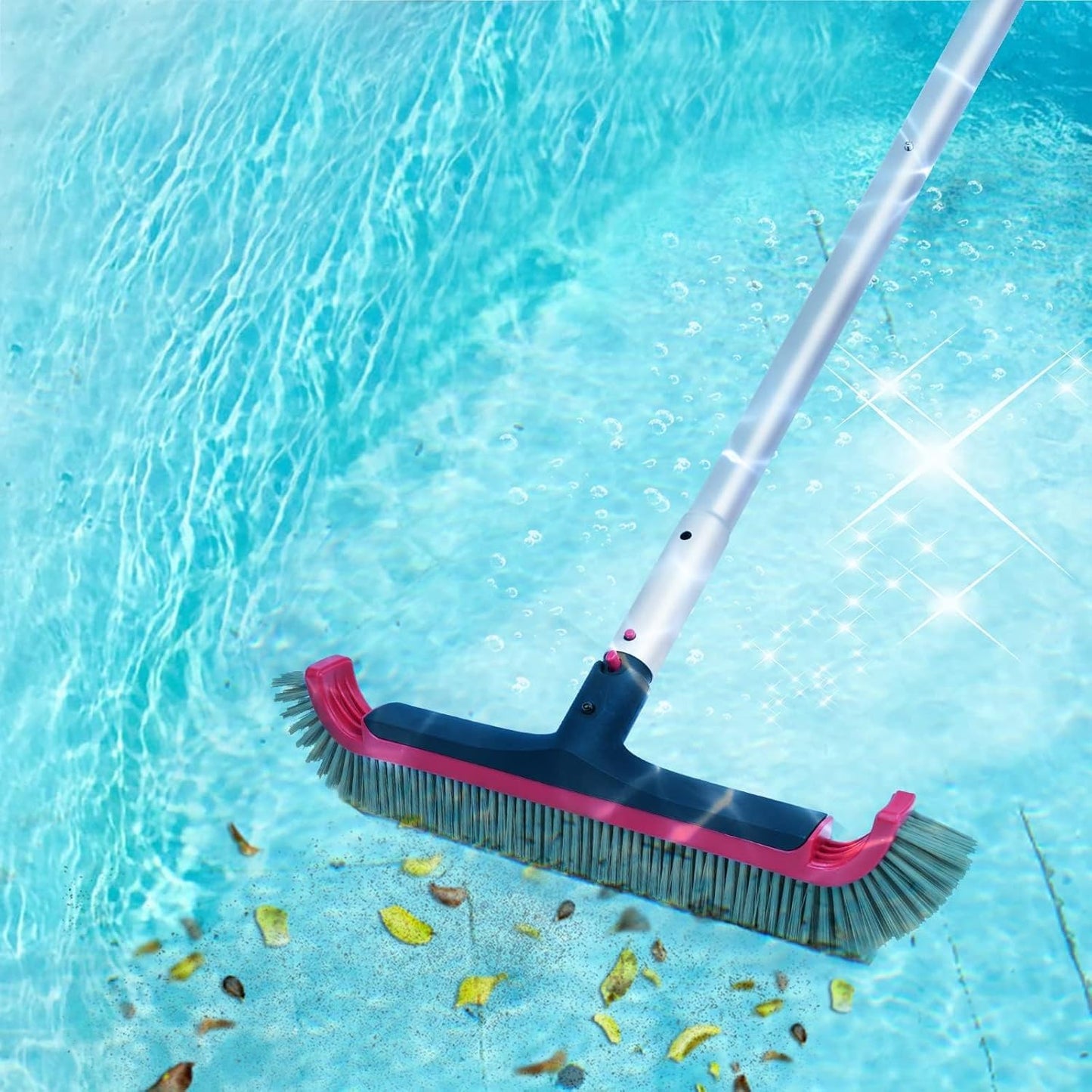 Swimming Pool Brush with Pole - 17.5" Wall Brush with 10FT Adjustable Aluminum Pole, Nylon Bristles, Curved Ends, EZ Clip Handle, Pool Brush for Cleaning Walls, Tiles & Floors
