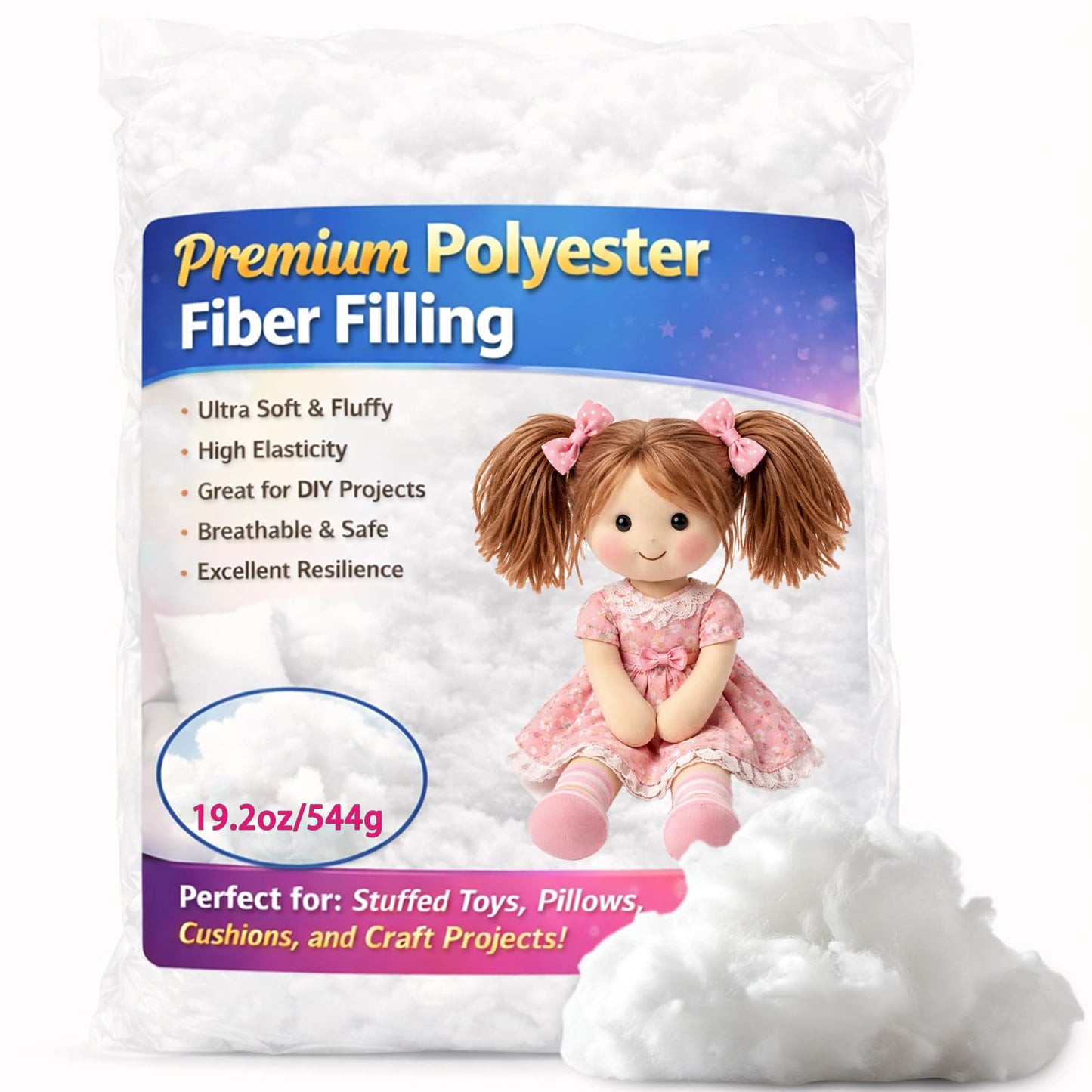 Welacer Polyfill Stuffing 19.2oz/544g for Small Crafts, Premium Polyester Fiber Fill for Stuffed Animals, Crochet Toys, Cushions & DIY Projects, Soft High Resilience, Machine Washable