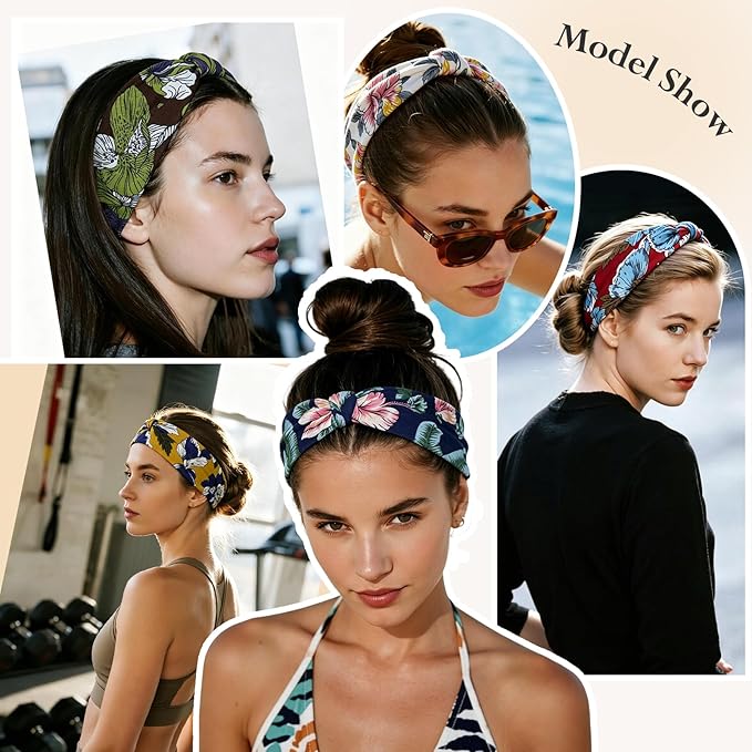 HSEM Headbands for Women 6-Pack – Boho Flower Wide Head Bands, Non-Slip Thick Hair Bands – Large Knotted Soft Stretchy Sweatbands for Workout, Washing Face, Makeup, Running, Spa & Yoga