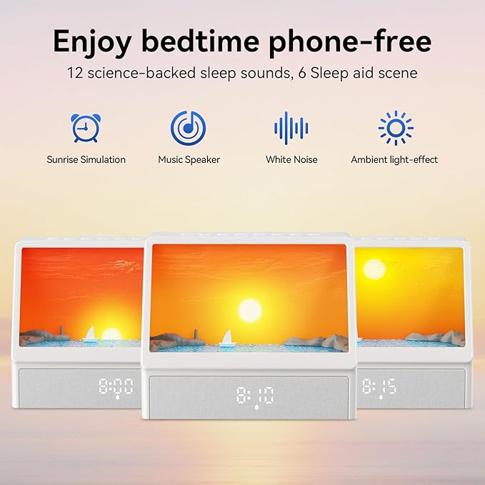 Sunrise Alarm Clock with Sound Machine for Bedrooms Heavy Sleepers,Smart Wake Up Light Sunrise Alarm Clock White Noise Machine for Adults Kids (Milk White)