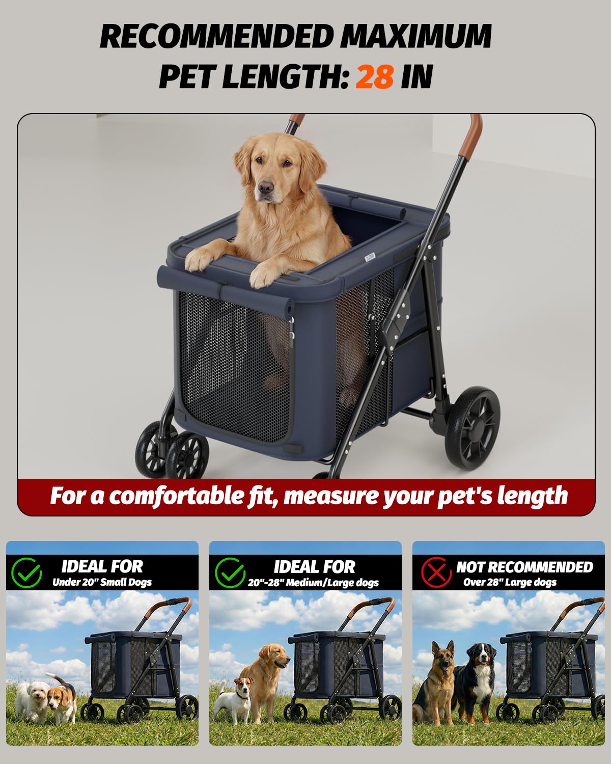 NUGUTIC Dog Stroller for Large & Medium Dogs, Pet Stroller for 2 Small Dogs Up to 80 Lbs, Extra Large Heavy Duty, Folding & Breathable, All-Terrain Wheels, Navy Blue