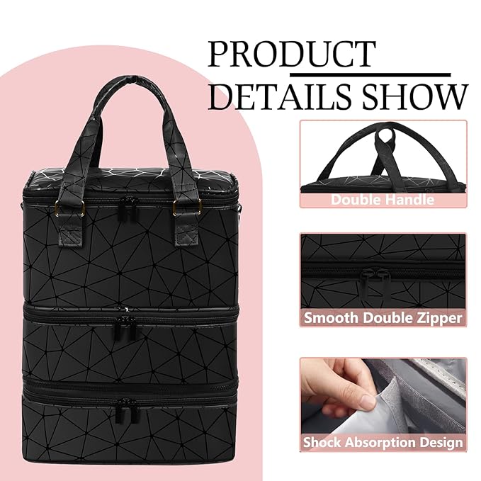 Large Nail Polish Organizer Case Hold 84+ Bottles Nail Polish & Nail Lamp, 3 Layers Nail Organizers and Storage for Nail Tech with Divider, Travel Carrying Case(Black)
