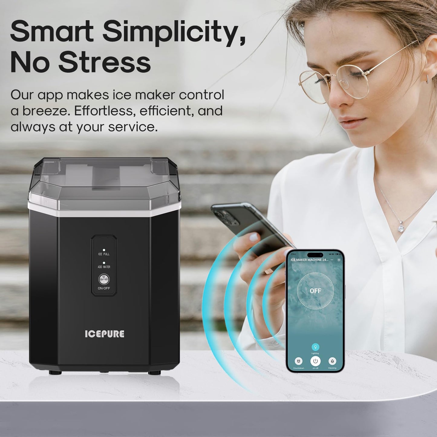 ICEPURE Nugget Ice Makers Countertop with App, Portable Ice Machine with WiFi, 33lbs in 24H, Ready in 5-10 Mins, Self Cleaning，Small Ice Maker with Basket Scoop, for Home/Kitchen/Party/RV/Camping