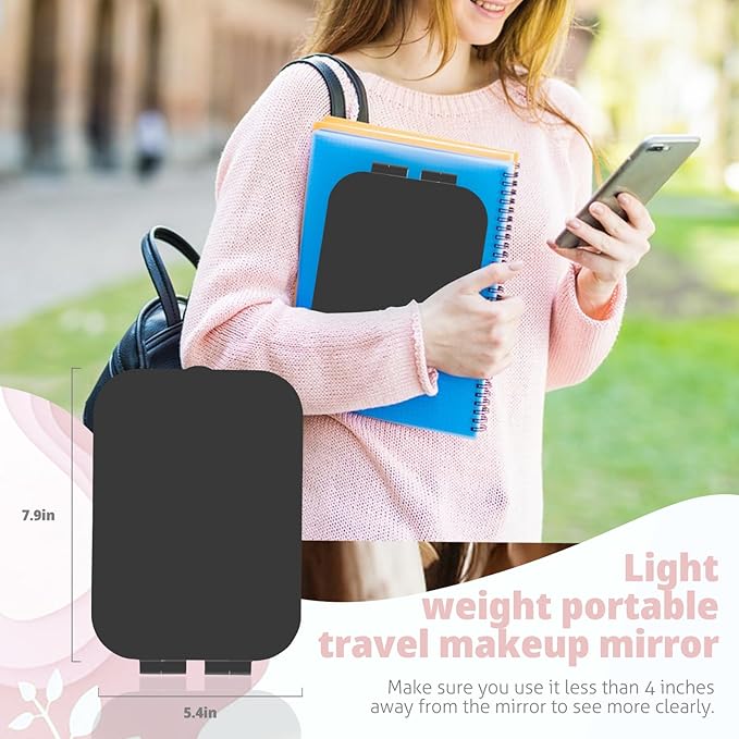 Travel Makeup Mirror, Portable Mirror with 3 Adjustable Light Settings, USB-Rechargeable Vanity Mirror with Lights, Gift for Women and Girls (Black)