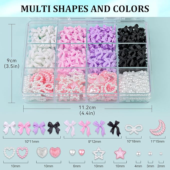 600 Pcs 3D Nail Charms and Flatback Pearls Set 8, 4 Colors Nail Bows Charm + Pink&White Star Heart Moon Cute Nail Jewels + 2-4mm White Nail Pearls for Nail Art DIY Decoration with Pickup Tools
