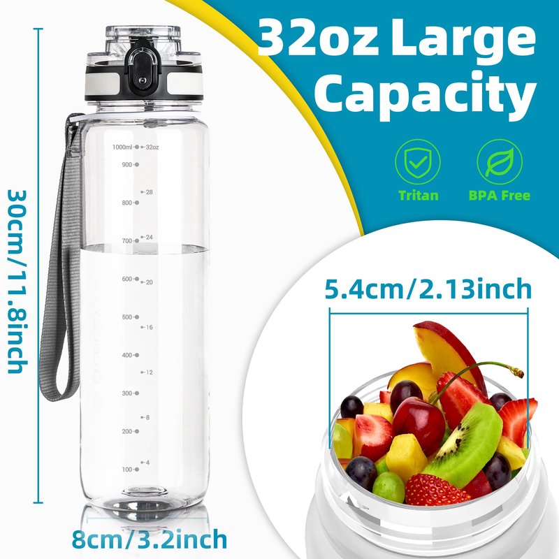 OLDLEY 32 oz Water Bottle, Motivational Water Bottle with Time Marker, Sports Water Bottle With Strap, Leakproof & BPA Free Large Water Bottles for School, Gym, Travel, Outdoor, Tritan, Transparent