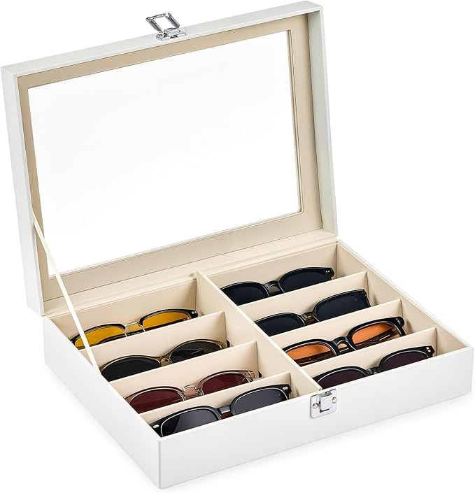 CO-Z Sunglasses Organizer with 8 Slots, Leather Eyeglasses Storage Box for Multiple Glasses, Lockable Display Case for Women Men, Glasses Holder for Watches Jewelry Collection, White