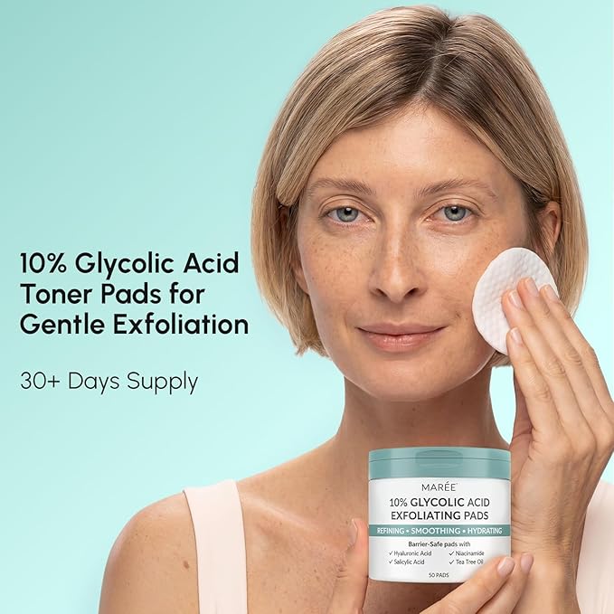 MAREE Glycolic Acid Resurfacing Pads - Toner Pads for Face Cleansing - Exfoliating Pad with Tea Tree Oil, Salicylic Acid & Vitamins E, B3, B5 - Acne Treatment Device for Pore Resurfacing - 50 Count