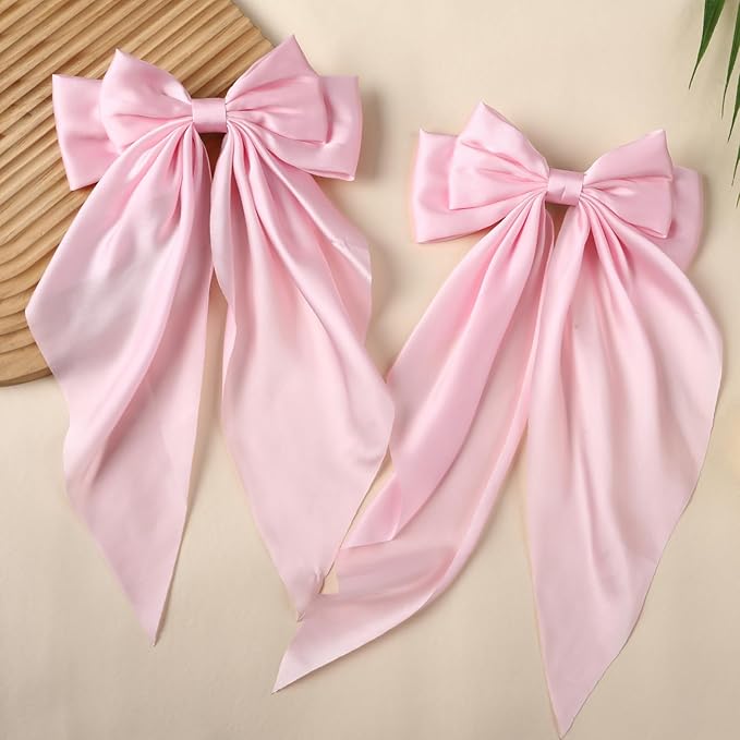 2PCS Big Hair Bow Clips for Women Girls Ã¢ÂÂ Pink Satin Ribbon Bow Barrettes with Long Tails, Large Cute Hair Accessories for Ponytail, Photoshoot & Everyday Styling