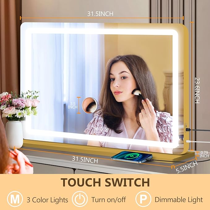 Vanity Mirror with Lights, Led Makeup Mirror, Lighted Makeup Mirror with 3 Color Dimmable Lights, Smart Touch Screen Control, Aluminum Metal Frame,USB Charging Port