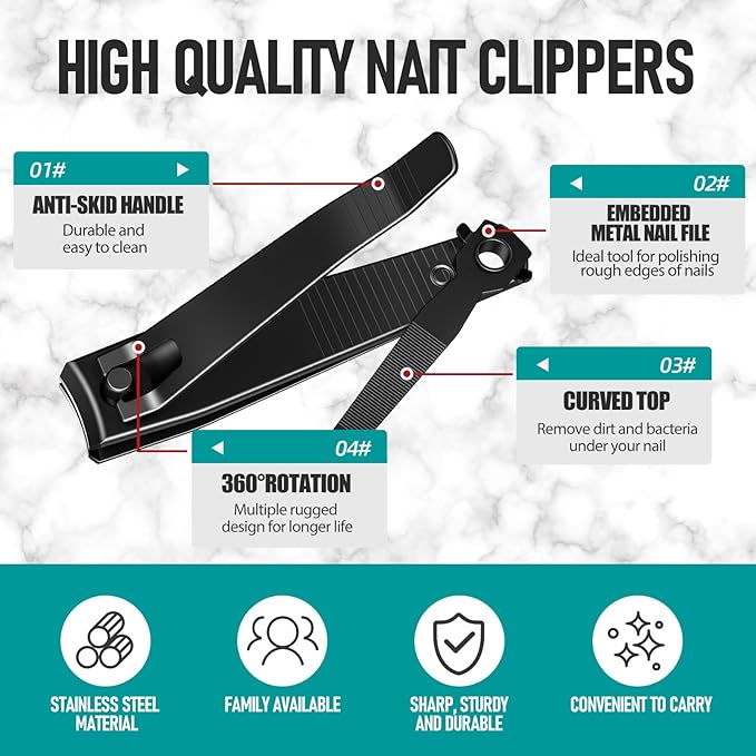 Nail Clippers Set, Heavy Duty Black Matte Stainless Steel Nail Clipper with Nail File,Fingernail and Toenail Clipper Cutters, Nail Clipper Tools Gift for Men & Women