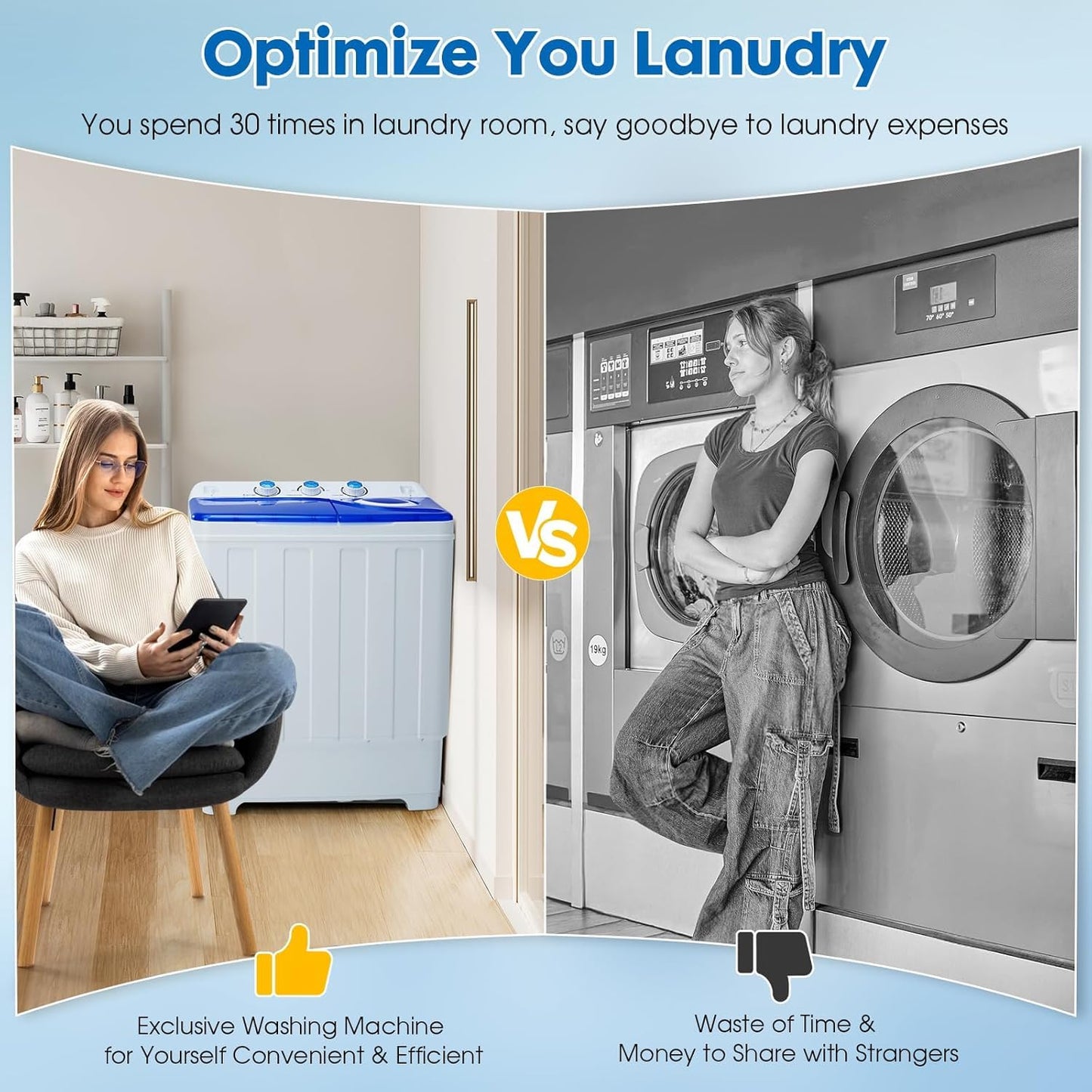 PLENTORA Portable Washing Machine, 28lbs Twin Tub with Drain Pump and Hose, 18lbs Wash 10lbs Spin Cycle, Compact Semi-Automatic Washer and Spinner Combo for Apartments, Dorms, RVs, Camping, Navy