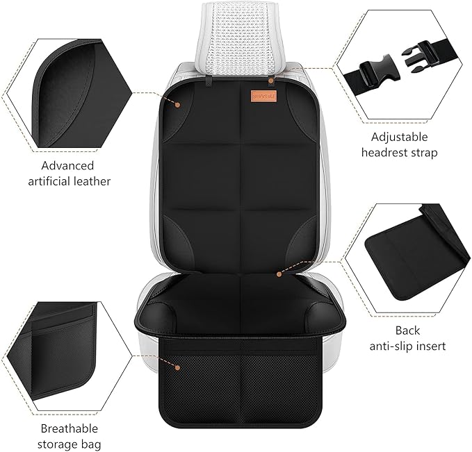 SMART ELF Car Seat Protector [1 Pack] Large Auto Protector for Child Seats with Thickest Padding and Non-Slip Backing Mesh Pockets for SUV, Sedan, Truck, Leather and Fabric - Black