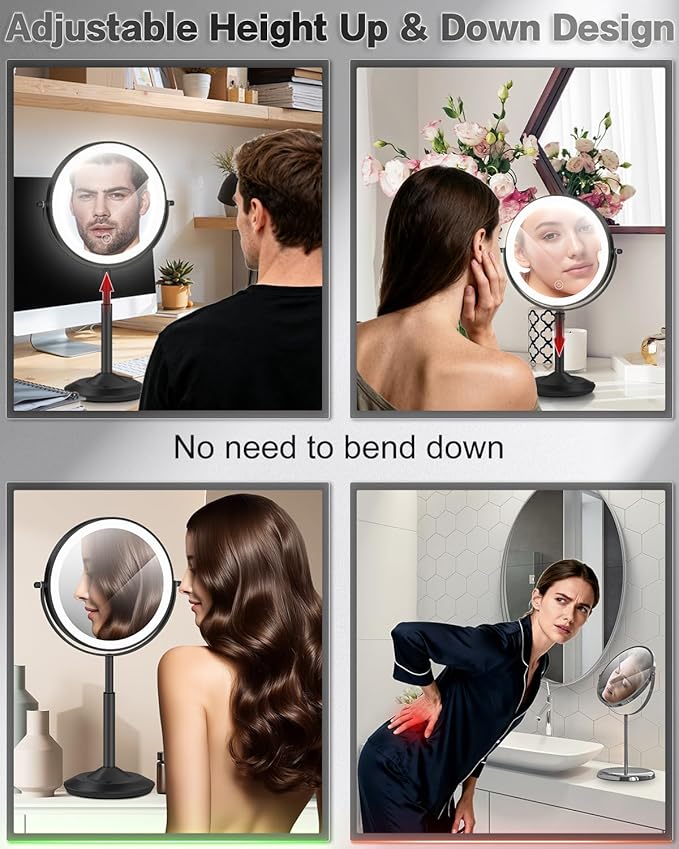 VFD 30X/1X Makeup Mirror with Lights, Height Adjustable Lighted Magnifying Vanity Mirror with 3 Lighting and Adjustable Brightness, 3000mAh Rechargeable Double Sided Switch for Desk Women Gift