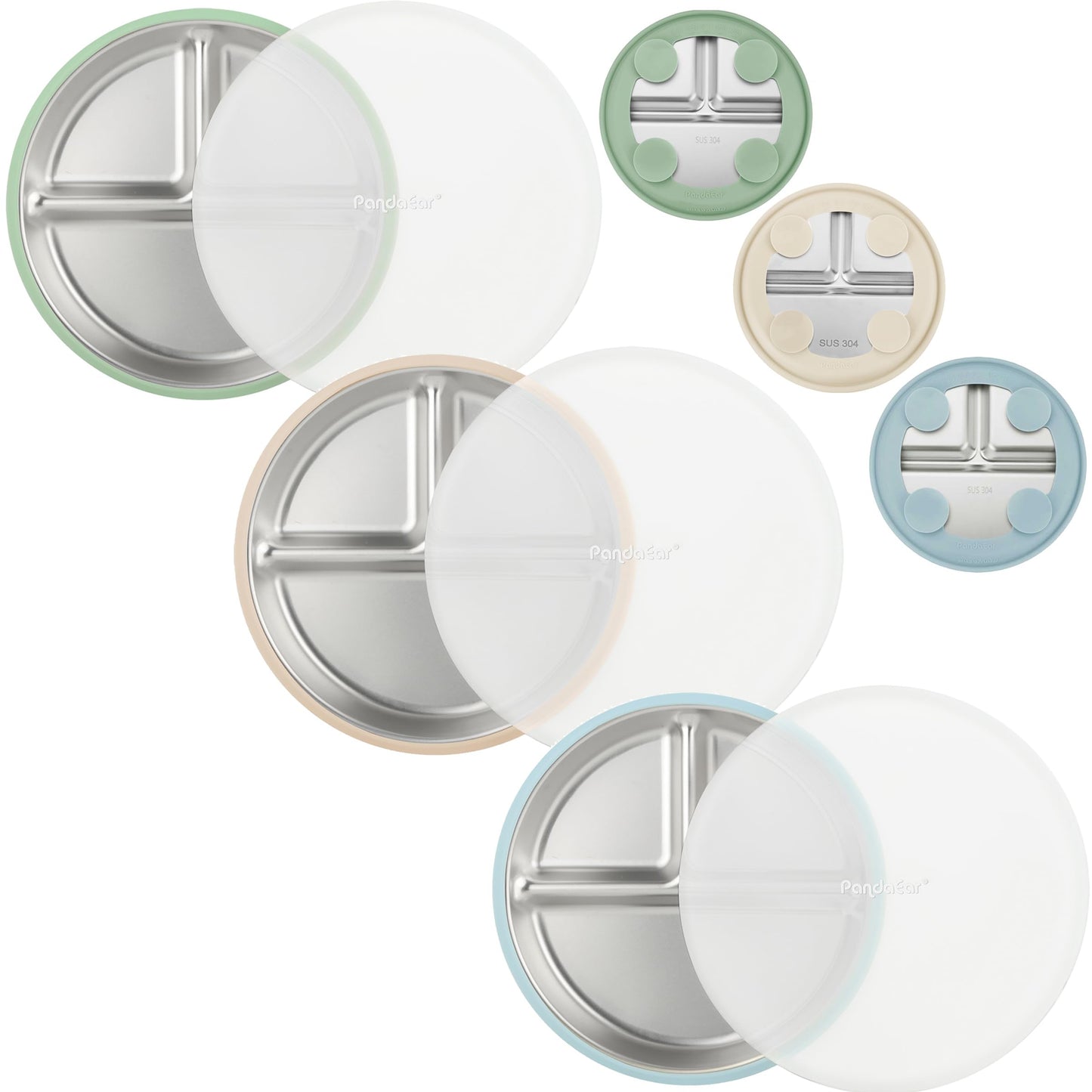 PandaEar 3 Pack Stainless Steel Baby Suction Plates, Divided Toddler Plate for Baby Led Weaning Supplies, Non-Slip Toddler Baby Feeding Set Dishwasher Safe (Blue/Green/Brown, With Lids)