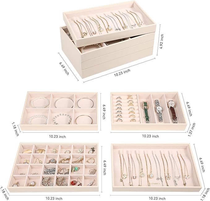 LANDICI Stackable Jewelry Organizer Trays 4 Set,PU Leather Jewelry Organizer Drawer,Jewelry Storage Display Tray for Earring Necklace Rings Bracelet with Removable Dividers,Apricot