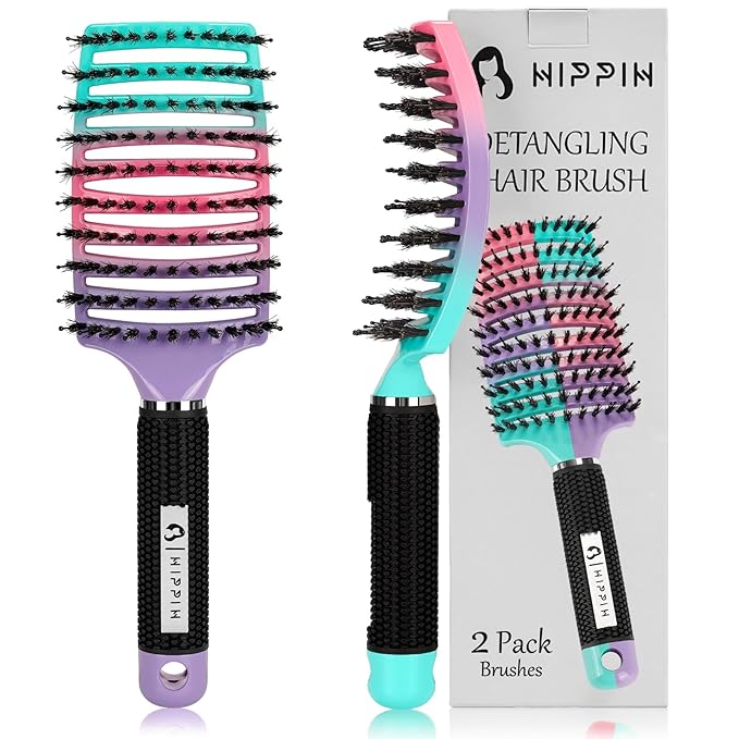 Hair Brushes for Women 2 Pack, HIPPIH Detangler Hair brush for Adult & Kids’ Wet or Dry Hair, Boar Bristle Hair Brush Getting Knots Out without Pain Adds Shine and Makes Hair Smooth