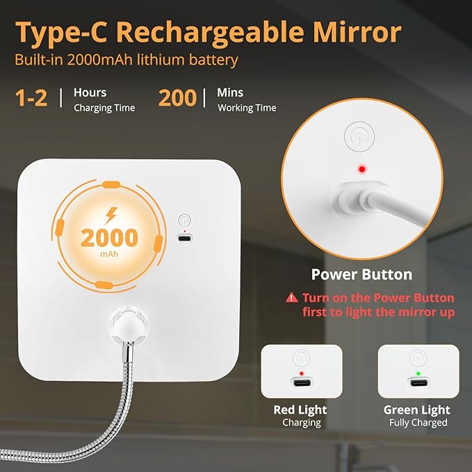 Fabuday Flexible Gooseneck 30X Lighted Magnifying Mirror - Upgraded Rechargeable Makeup Mirror with Lights and Magnification, LED Travel Mirror with Suction Cup for Bathroom, 3 Color Lighting, Square