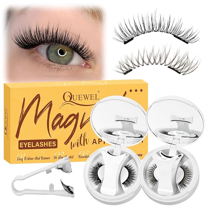 QUEWEL 2 Pairs Magnetic Eyelashes with Applicator Reusable No Glue Needed Magnetic Lashes Cat Eye Natural Look Lashes Kit Easy to Wear and Remove(NZH A+B01)