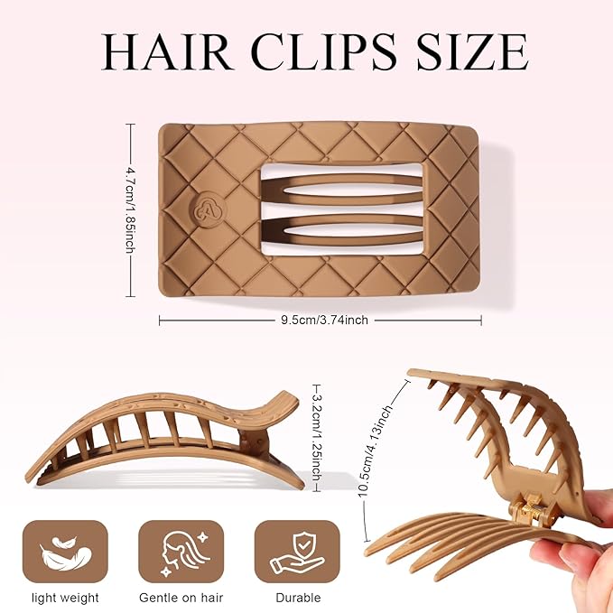 Large Flat Hair Claw Clips for Women Fine Thin Medium Thick Hair, Duckbill Strong Hold Non Slip Square Hair Clips, Cozy French Lay Down Hairclips, Pink, Blue, Brown, Khaki, 4 Pcs