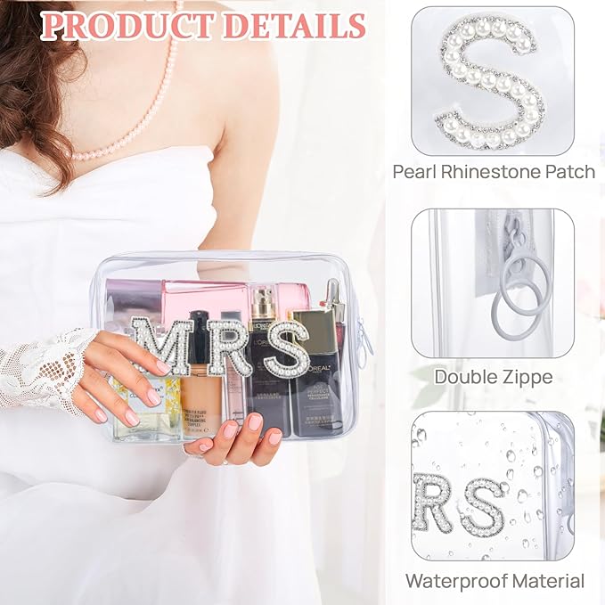 Etercycle MRS Clear Cosmetic Bag, Bachelorette Gifts for Bride Makeup Bag, Portable PVC Travel Toiletry Bag Bling Pearl Rhinestone Patch Letter Bags for Engagement Bachelorette Party Wedding (Silver)