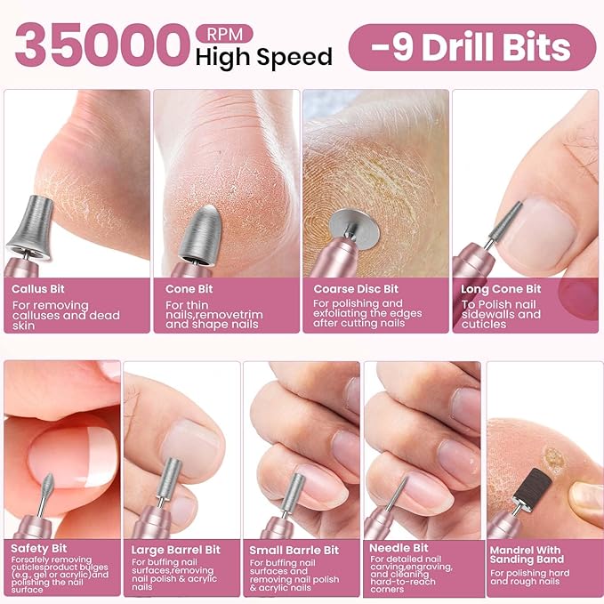 Cordless Nail Drill 35000RPM, Portable Electric Nail File for Acrylic Gel Nails, Professional Manicure Pedicure Kit, Rechargeable Pedicure Tools for feet with LCD Display, Low Noise Low Vibration