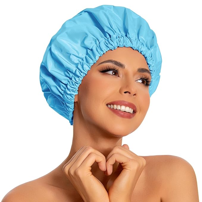 Reusable Shower Cap for Women, Large Waterproof Shower Bonnet with Elastic Band, Washable Bath Hair Cap for Long, Curly Hair, Braids, Daily Shower, Home Spa, Travel(Lake Blue)