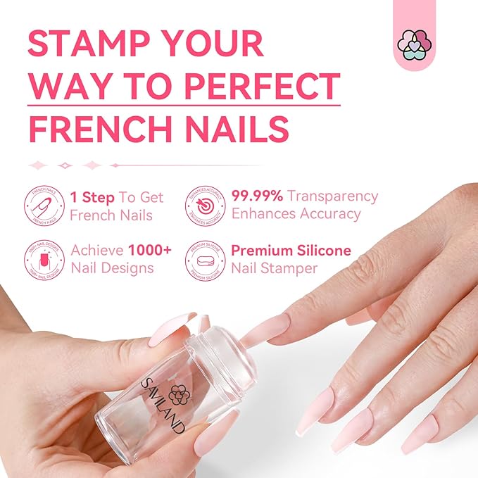 Saviland French Tip Nail Stamp: 4PCS Nail Art Stamper Kit Clear Silicone Nails Stamping Long & Short Jelly Stamper with Scrapers Nails Stamper Kit for French Manicure Home DIY Salon