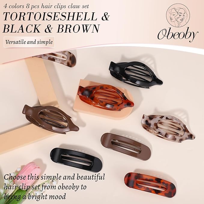 Obeoby 8 PCS Flat Hair Clips for Women, 2 Styles French Flat Claw Clips Hair Accessories Large Medium Barrettes (Tortoiseshell Coffee Black)