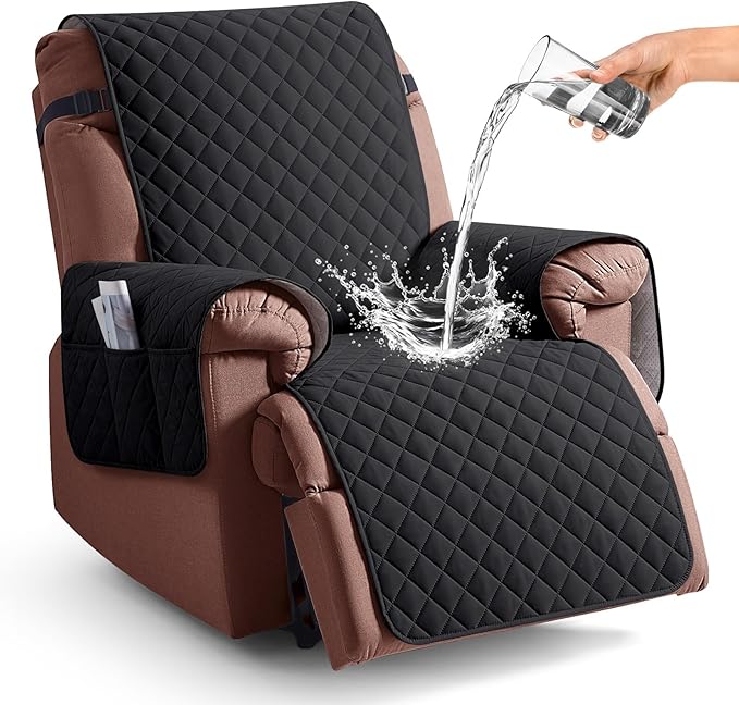 KinCam 100% Waterproof Recliner Chair Cover, Reclining Couch Covers for Pets, Dogs, Recliner Couch Slipcover Furniture Protector with Elastic Straps for Kids(30", Black)