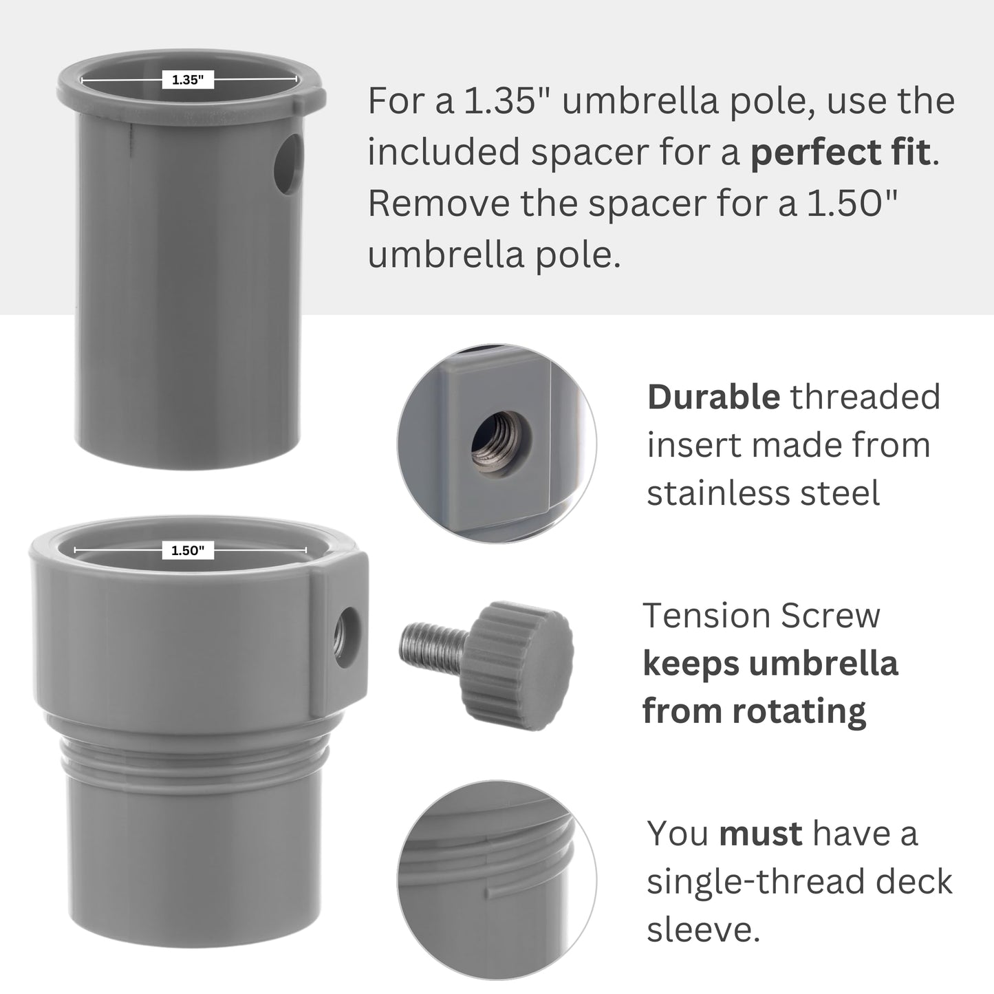 Kraemer Plastics Umbrella Pole Stabilizer reducer threaded adapter insert for Baja Deck Pool Sleeves (Light Gray)