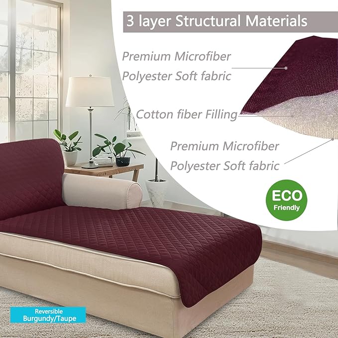 U-NICE HOME Sectional Couch Cover for Dogs Pets Chaise Lounge Reversible Sofa Cover Furniture Protector with Elastic Adjustable Strap, Burgundy/Tan