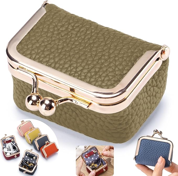Genuine Leather mini Jewelry box, Portable Travel Jewelry case - Vintage mini Organizer with Kiss Lock for Rings, Earrings, Necklace, Bracelet | Gift for Women (Khaki S 2.56in)