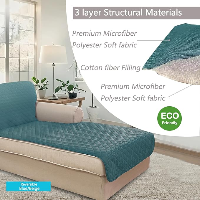 U-NICE HOME Sectional Couch Cover for Dogs Pets Chaise Lounge Reversible Sofa Cover Furniture Protector with Elastic Adjustable Strap, Blue/Beige