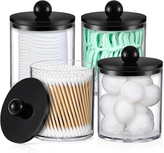 4 Pack Acrylic Qtip Holder Dispenser for Cotton Swabs, Balls, Pads, Floss - Plastic Canister Apothecary Jar Set, Bathroom Essentials Accessories Decor Vanity Makeup Storage Organizer - Clear & Black