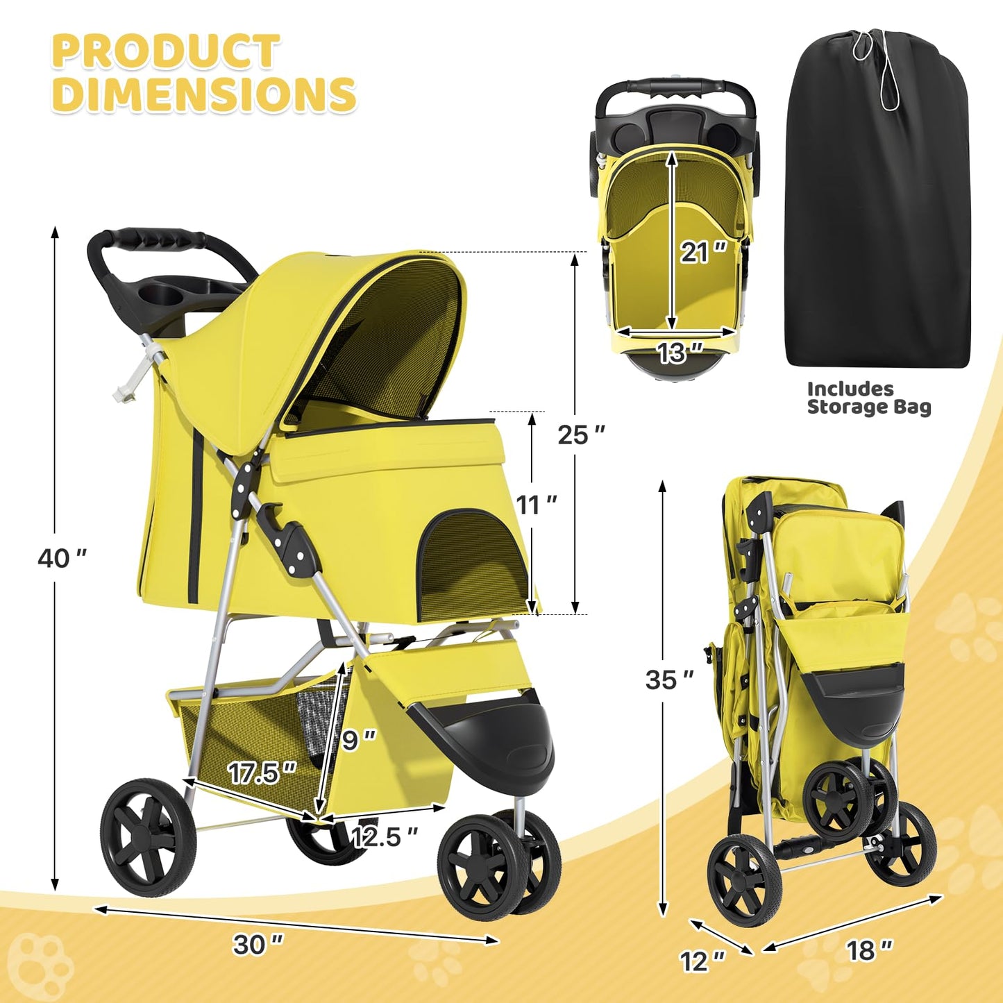 Magshion 3-Wheel Pet Stroller, Foldable Travel Jogger for Small & Medium Dogs & Cats (Up to 33lbs), Lightweight Carrier with Breathable Mesh Cover, Cup Holder & Storage Basket, Yellow