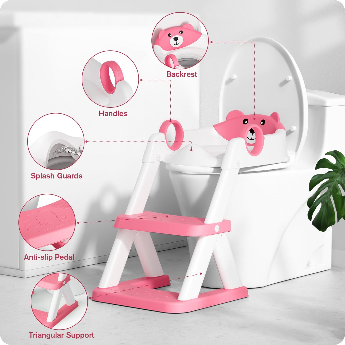 Rabb 1st Potty Training Seat, Upgrade Toddler Toilet Seat for Kids Boys Girls, 2 in 1 Potty Training Toilet, Splash Guard Anti-Slip Pad Step Stool(Bright Pink)