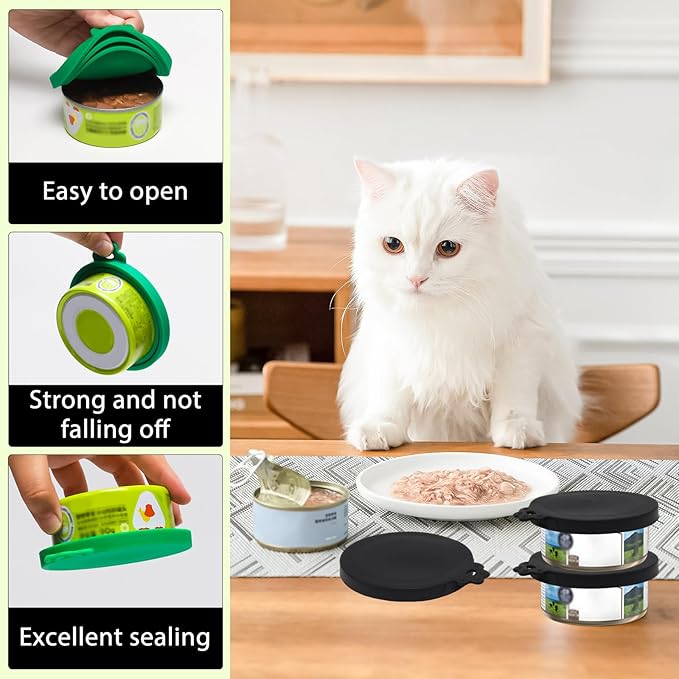 PINE & LINEN 4 Pcs Durable Pet Can Lids,One fit 3 Standard Size Silicone Waterproof Cat Food Cans Lids for 3oz/5.5oz/12.5oz/13.2oz Cat Food Cans（White+Gray+Dark Green+Black）