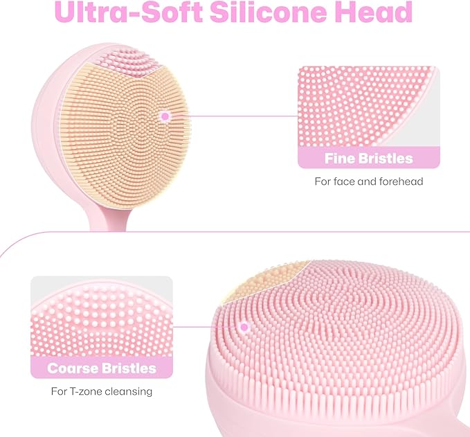 PRITECH Facial Cleansing Brush with 42ÃÂ° ConstantÃ¢ÂÂTemperature Heating Ã¢ÂÂ Rechargeable Silicone Face Scrubber for Deep Pore Cleaning, Waterproof Vibrating Exfoliator for Women & Men (Pink)