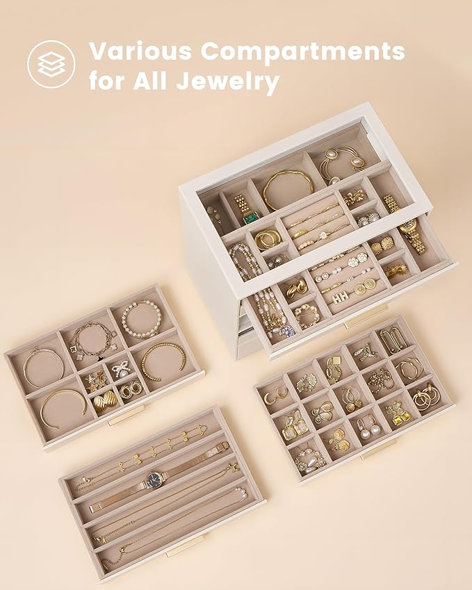 Lolalet Jewelry Box Organizer, 8-Layer Jewelry Organizers and Storage Case with Glass Lid, Ring Earring Bracelet Necklace Holder Organizer, Birthday Valentine Gifts for Women Girls -8Layer, Beige