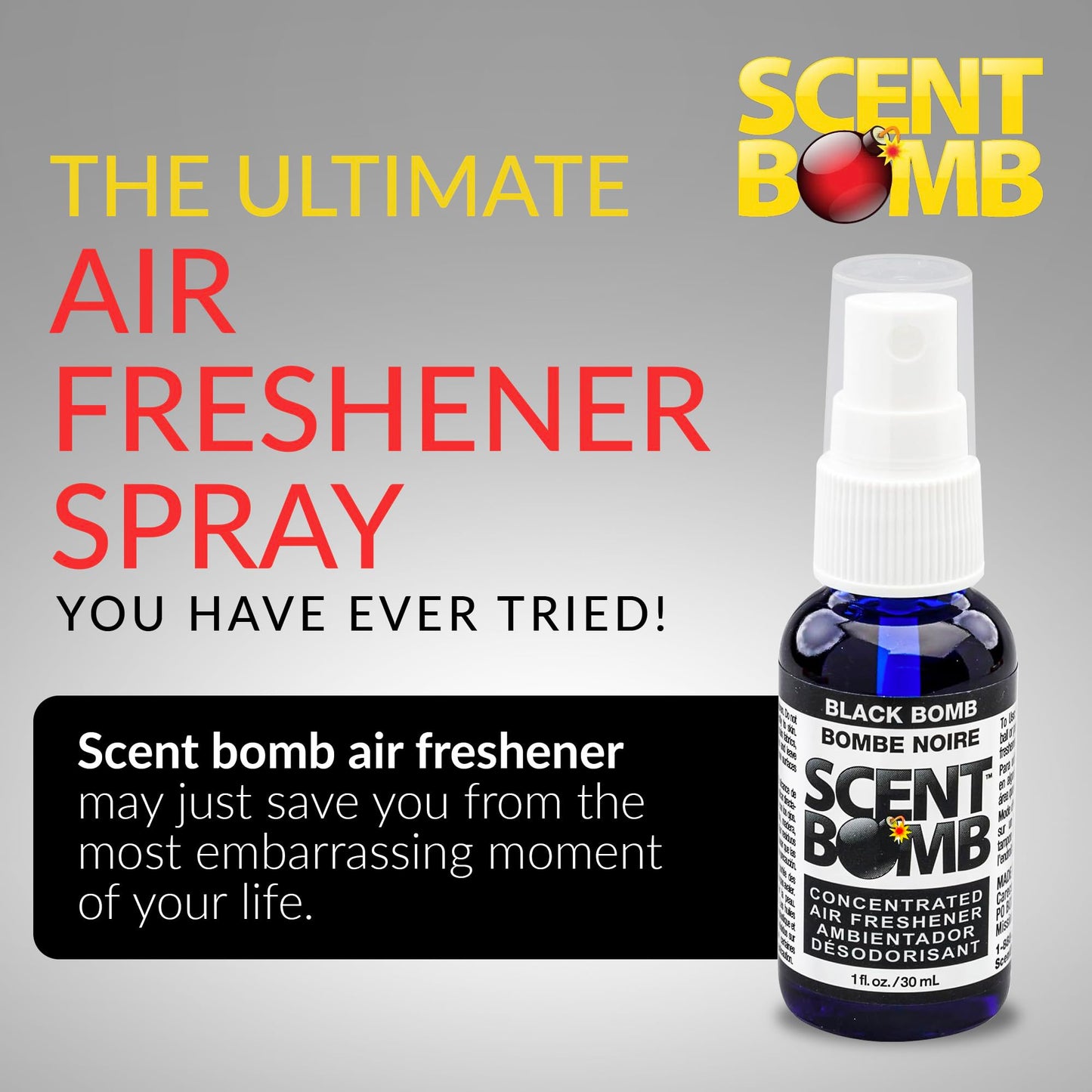 Scent Bomb Air Freshener Spray, Long-Lasting Odor Eliminator - Effective Deodorizer for Home & Car, Fresh Room Spray for Kitchen, Bathroom & Smell Neutralizer - 1 oz Pack of 4, Black Bomb Scent