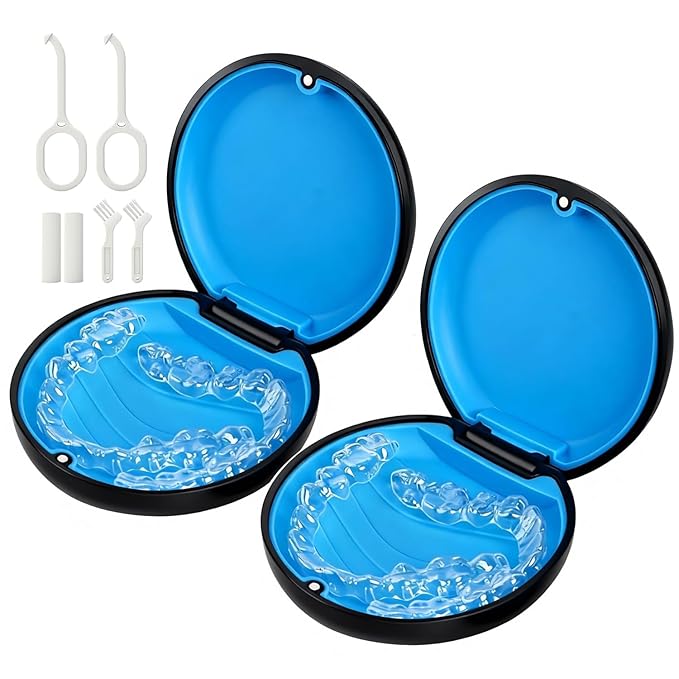 2 Pack Retainer Case, Compatible with Invisalign, Slim Aligner Case with Removal Tool, Aligner Seaters & Brush, Pocket Size Secure Magnetic Closure for Travel - Black
